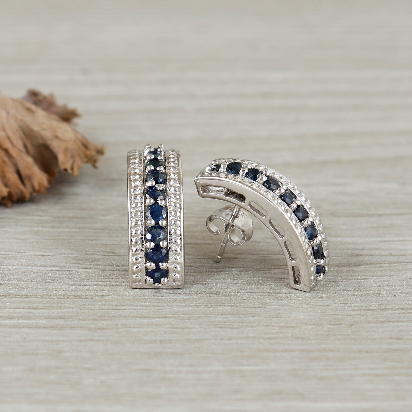 Natural Blue Sapphire Round Cut Gemstone Stud Earrings-925 Sterling Silver-Dainty Hoop Earrings-September Birthstone-Sapphire Jewelry