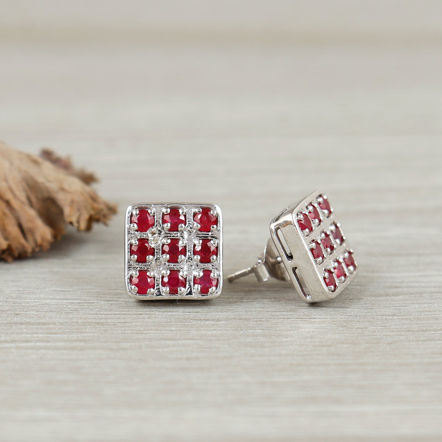 Ruby Stud Earrings-July Birthstone Stud Earrings-925 Sterling Silver-Square Ruby Studs-Round Cut Gemstone Earrings-Dainty Earrings for Gift