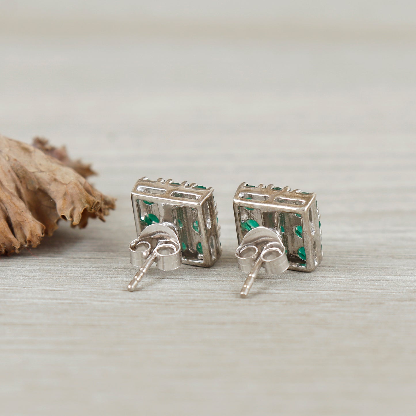 Natural Emerald Earrings-925 Sterling Silver Emerald Studs-Square Shape Dainty Earrings-Round Cut Gemstone Earrings-Emerald Jewelry for Gift