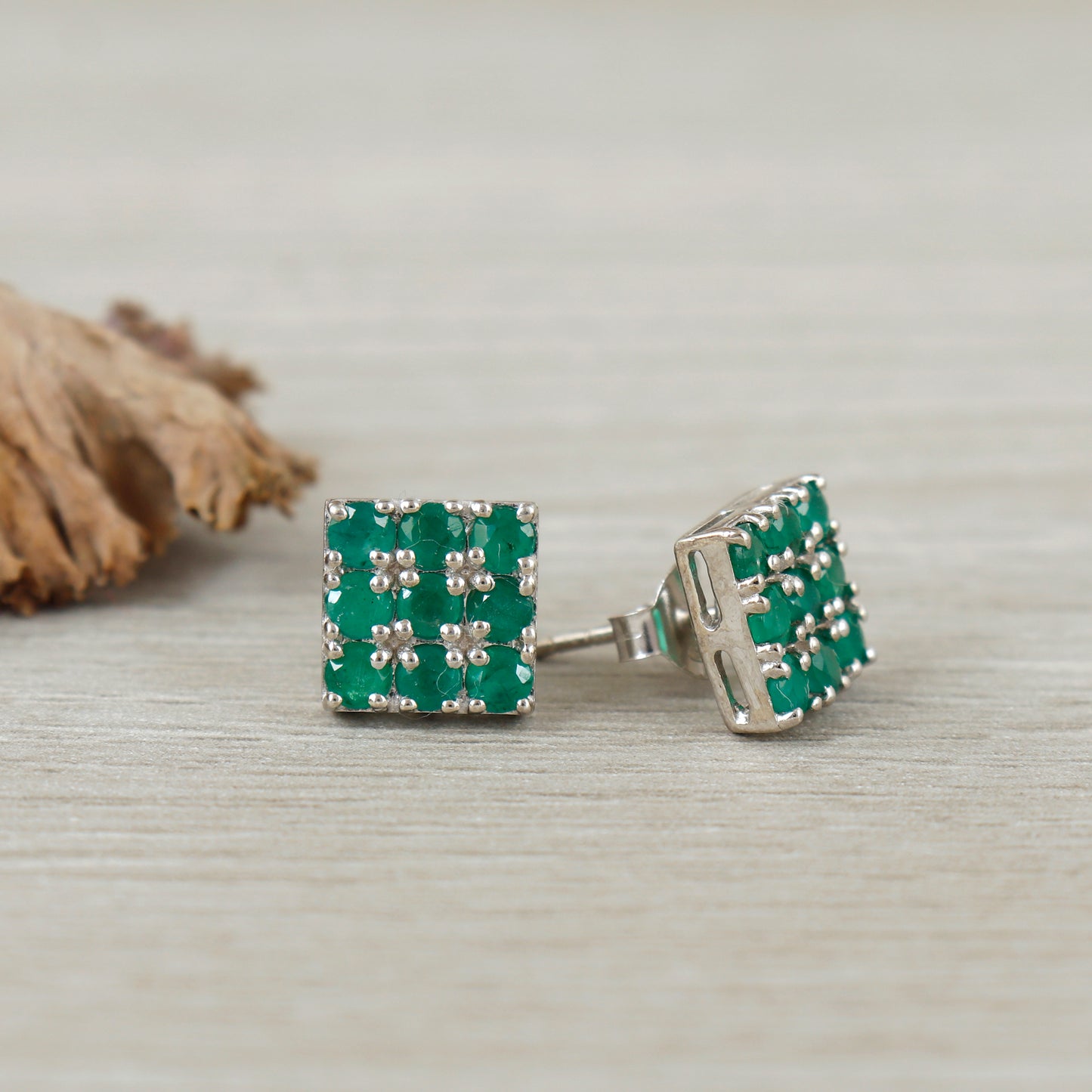 Natural Emerald Earrings-925 Sterling Silver Emerald Studs-Square Shape Dainty Earrings-Round Cut Gemstone Earrings-Emerald Jewelry for Gift