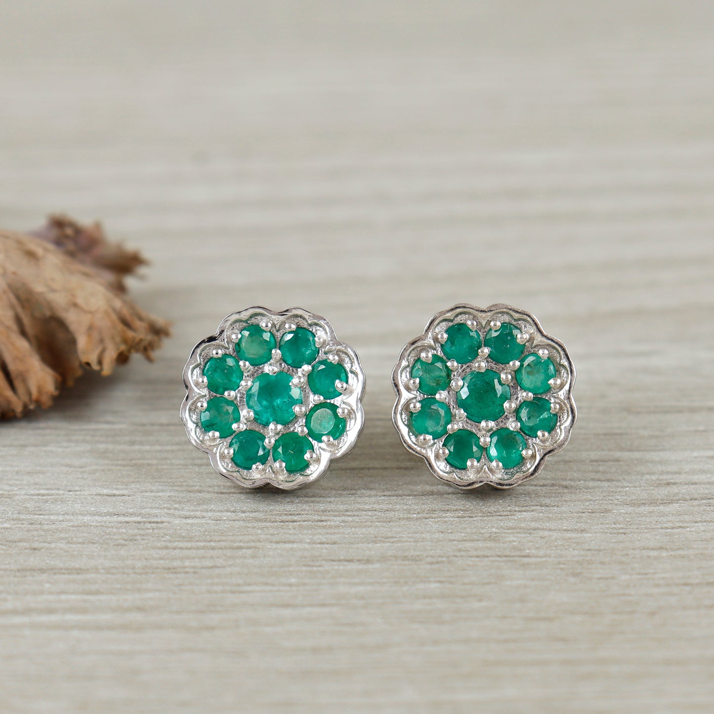 Emerald Floral Stud Earrings-925 Sterling Silver-May Birthstone-Dainty Emerald Stud Earrings-Tiny Emerald Studs-Emerald Jewelry Gift for Her