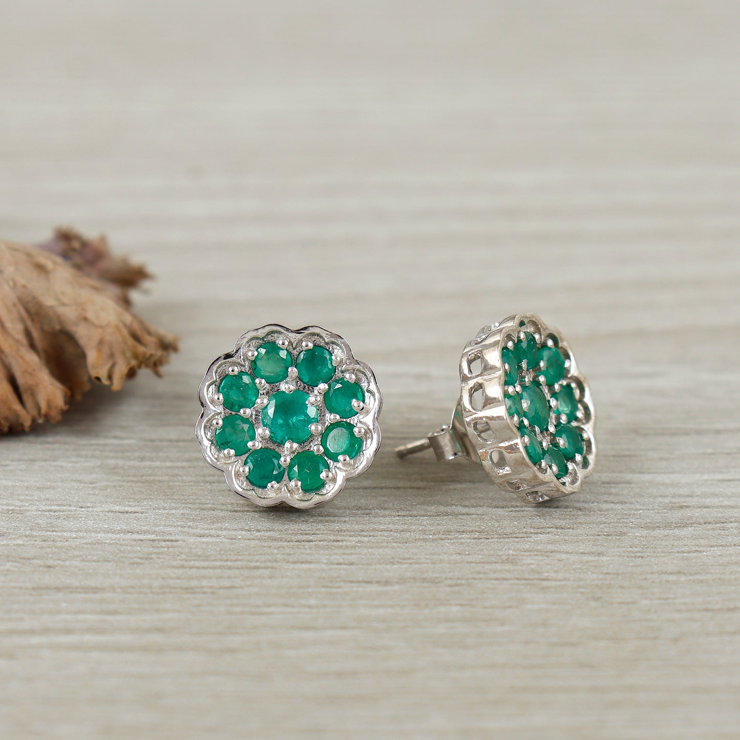 Emerald Floral Stud Earrings-925 Sterling Silver-May Birthstone-Dainty Emerald Stud Earrings-Tiny Emerald Studs-Emerald Jewelry Gift for Her