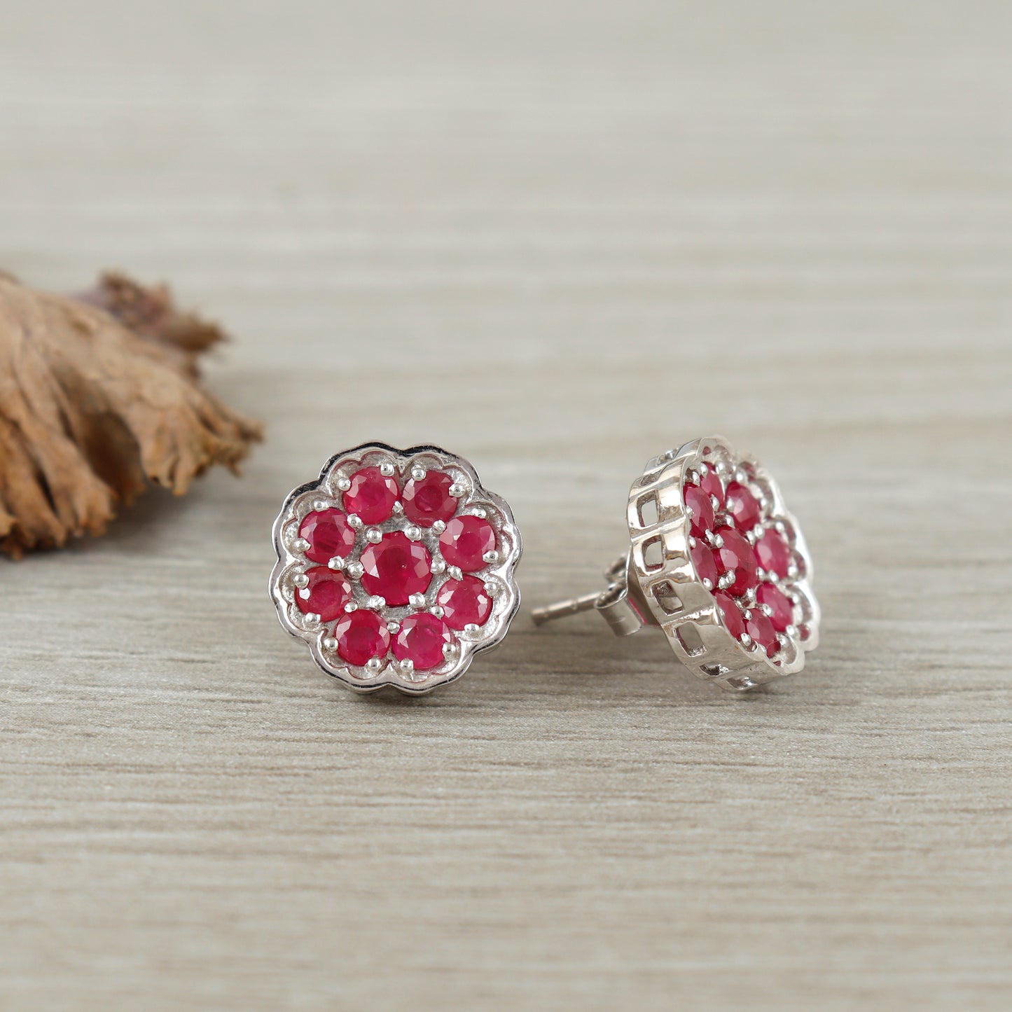 Floral Ruby Earrings-925 Sterling Silver-July Birthstone Earrings-Round Gemstone Studs-Minimalist Ruby Stud Earrings-Wedding Gift for Her
