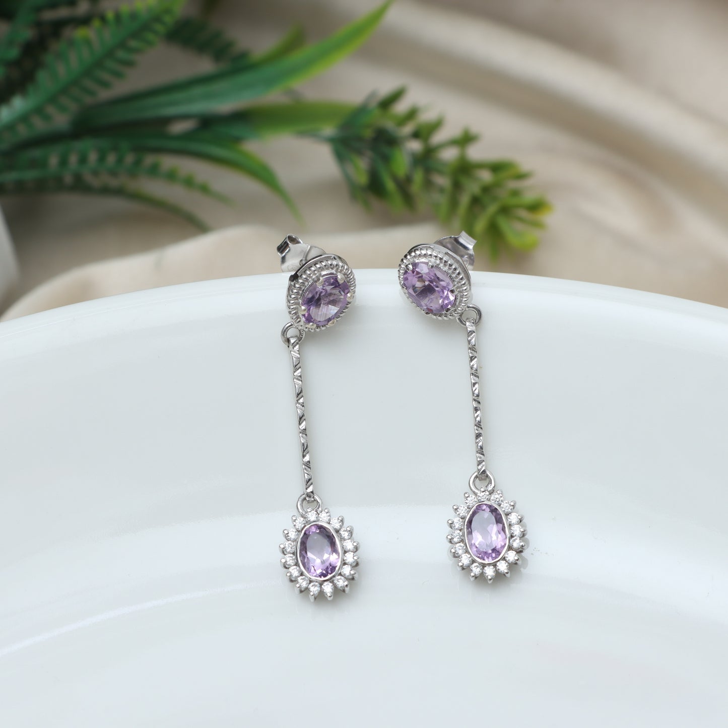 Amethyst 925 Sterling Silver Dangle Earrings-Oval Cut Gemstone Cluster Earrings-February Birthstone Stud Earrings-Anniversary Gift for Her