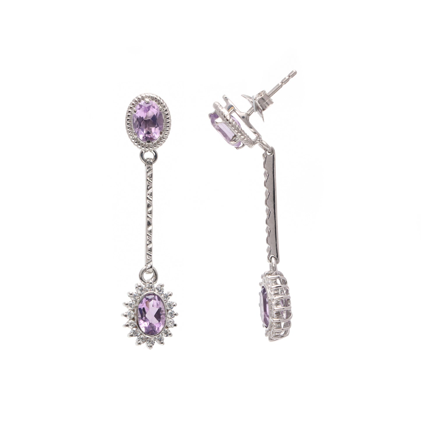 Amethyst 925 Sterling Silver Dangle Earrings-Oval Cut Gemstone Cluster Earrings-February Birthstone Stud Earrings-Anniversary Gift for Her