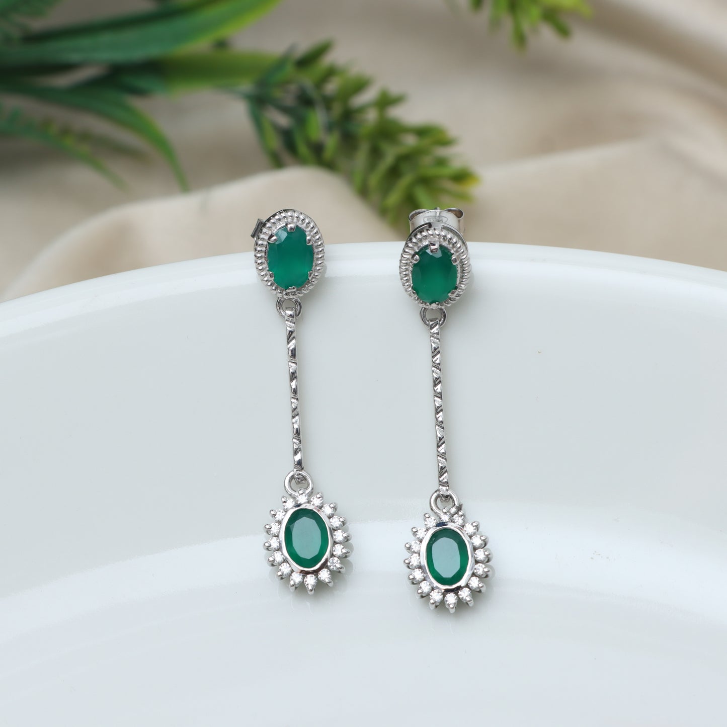 Green Onyx Oval Cut Gemstone Cluster Earrings-925 Sterling Silver Stud Earrings-May Birthstone Studs-Long Earrings Wedding Gift for her
