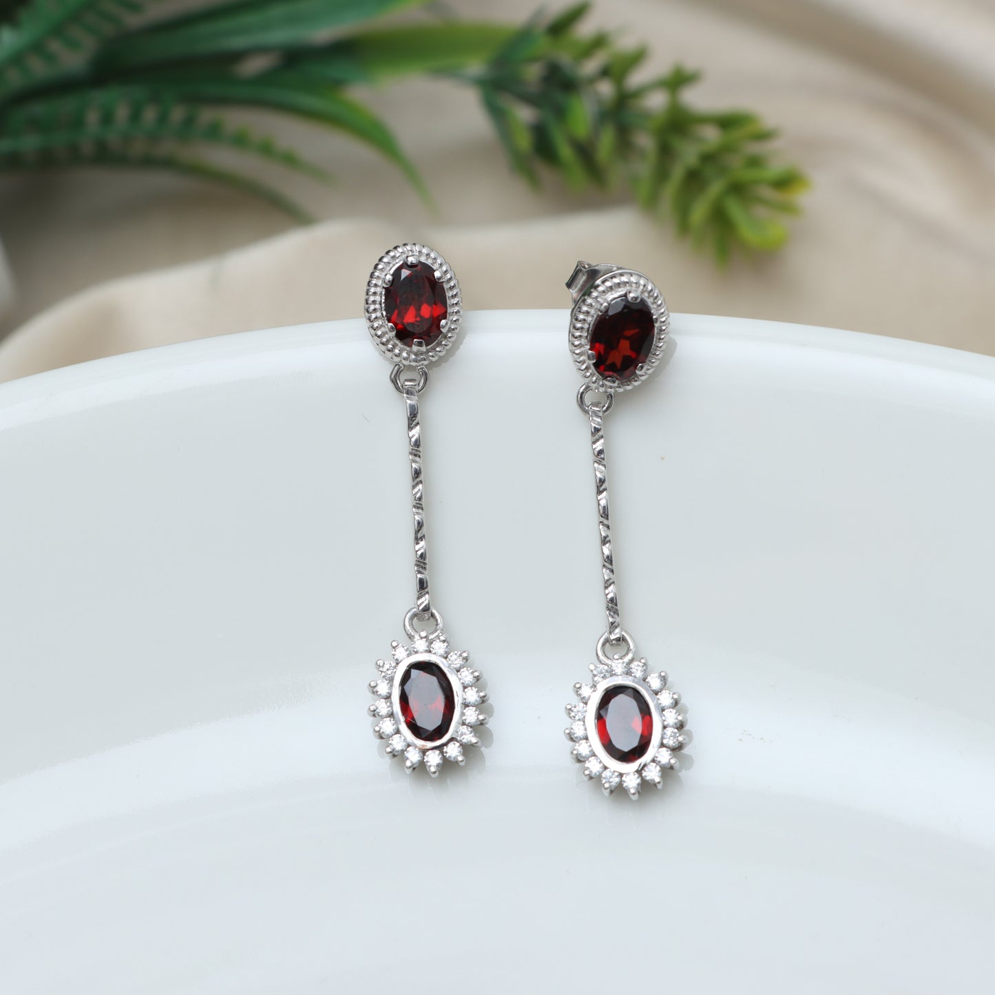 Natural Garnet Oval Cut Gemstone Dangle Earrings-925 Sterling Silver Studs-Cluster Earrings-January Birthstone Studs-Wedding Gift for Her