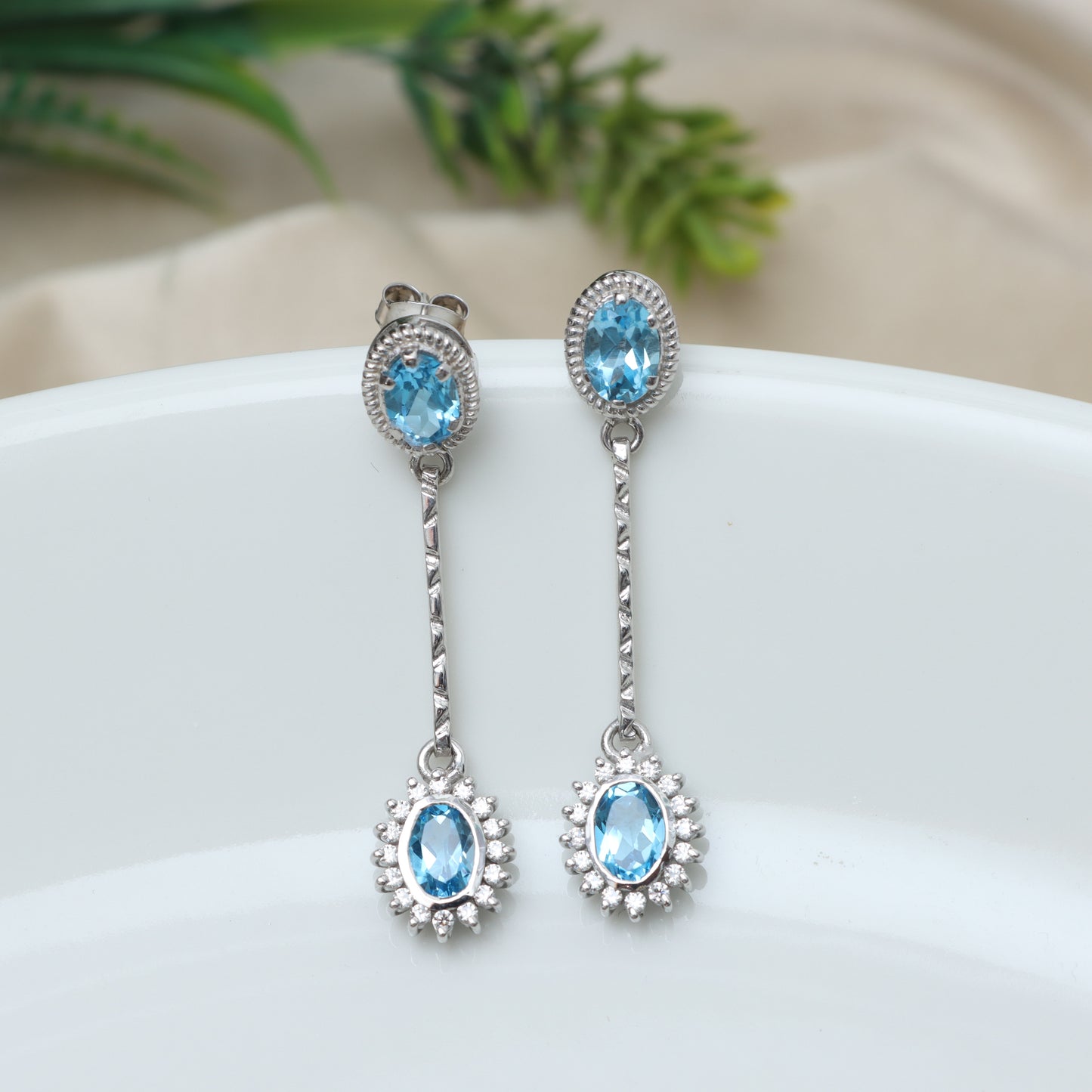 Swiss Blue Topaz Dangle Earrings-925 Sterling Silver Earrings-Blue Topaz Cluster Dangle Earrings-December Birthstone Studs-Gift for Her
