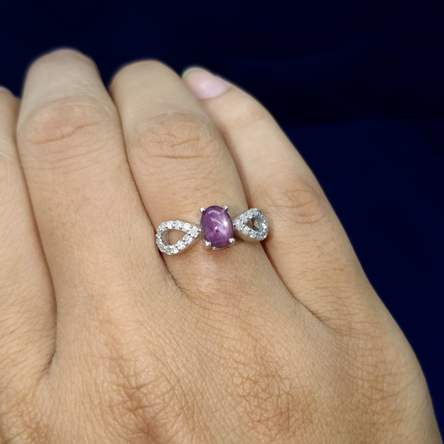 Natural Star Ruby & Diamond Ring 925 Sterling Silver Oval Cabochon Gemstone Ring Wedding Gift for Her