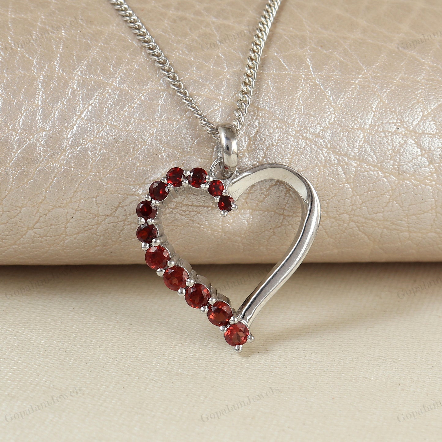 Natural Garnet Round Cut Gemstone Heart Design Pendant 925 Sterling Silver Chain Pendant Gift for Her