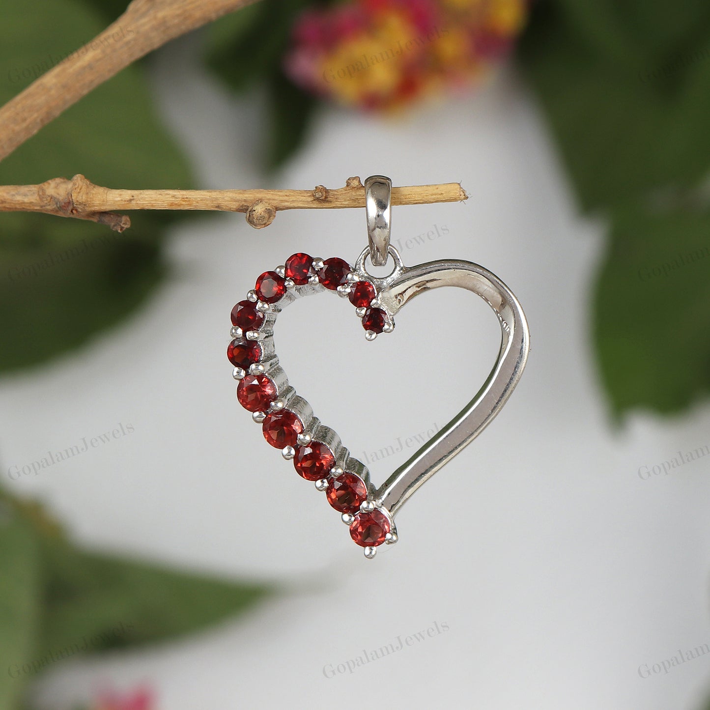 Natural Garnet Round Cut Gemstone Heart Design Pendant 925 Sterling Silver Chain Pendant Gift for Her