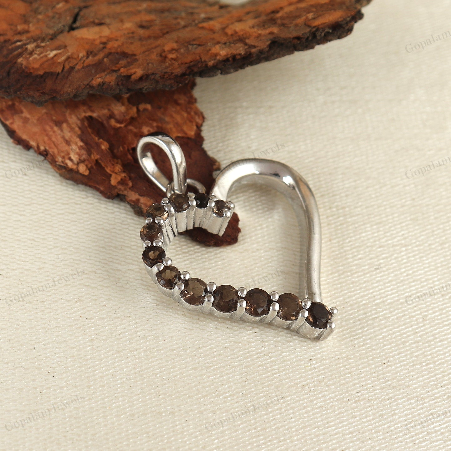 Natural Smoky Quartz Round Cut Gemstone Heart Design Pendant 925 Sterling Silver Chain Pendant Gift for Her