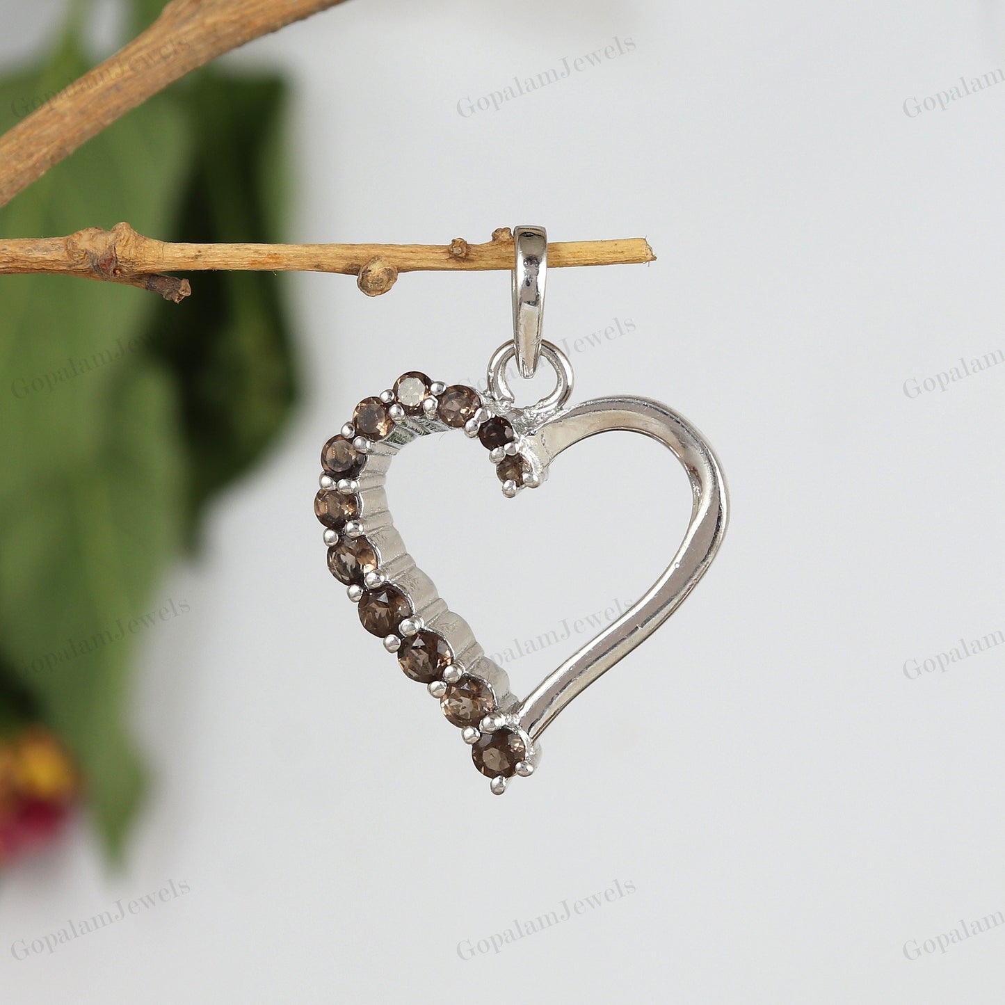 Natural Smoky Quartz Round Cut Gemstone Heart Design Pendant 925 Sterling Silver Chain Pendant Gift for Her