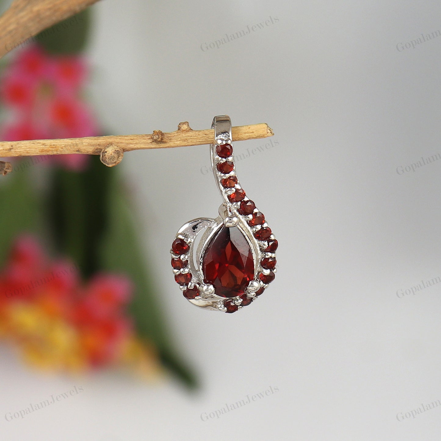 Garnet Pear Cut Gemstone Cluster Pendant 925 Sterling Silver Chain Pendant Wedding Gift for Her