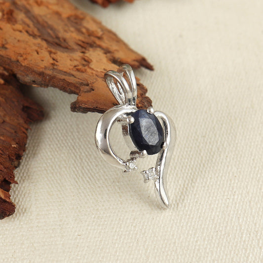 Natural Blue Sapphire & Diamond Heart Design Pendant-925 Sterling Silver-Precious Pendant-Silver Chain Pendant Gift for Her