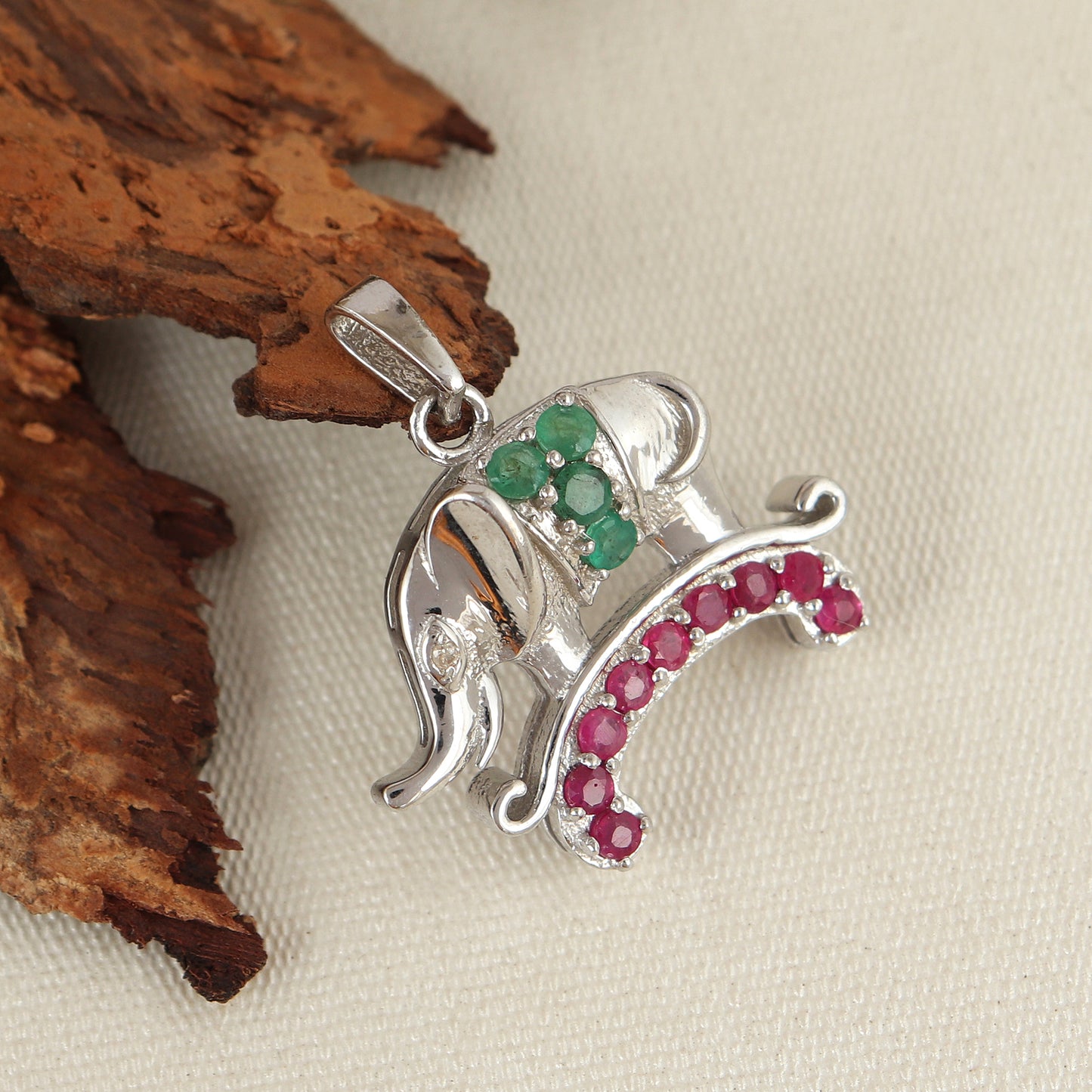 Ruby & Emerald Elephant Pendant-925 Sterling Silver Precious Pendant-Elephant Emerald Pendant-Multi Gemstone Pendant-Women Jewelry for Gift