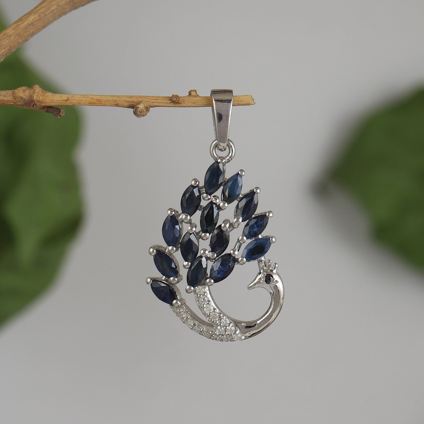 Natural Blue Sapphire Peacock Pendant-925 Sterling Silver-Diamond Bird Pendant-September Birthstone Pendant-Chain Pendant Gift for Her