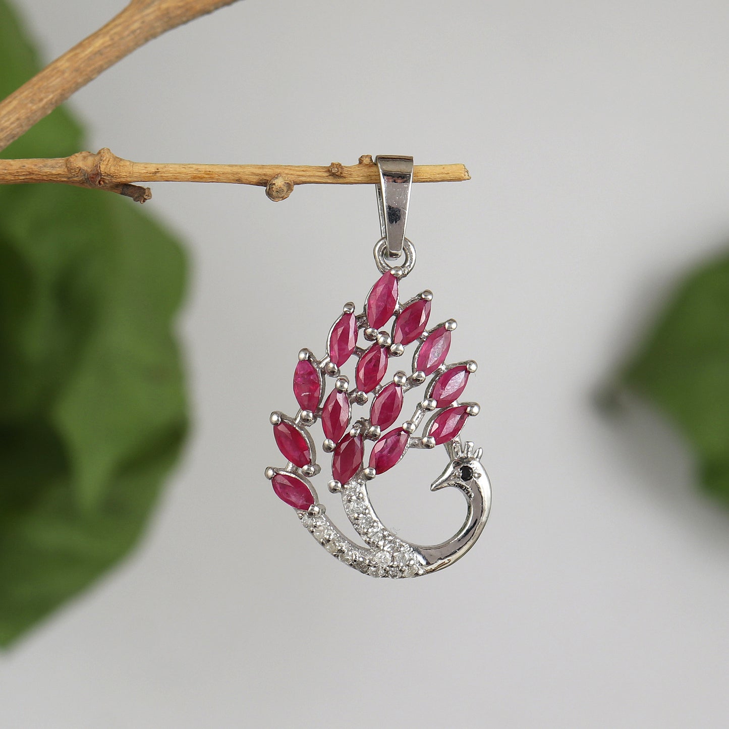 Natural Ruby Peacock Pendant-925 Sterling Silver Pendant-Diamond Bird Pendant-Chain Pendant-July Birthstone Pendant-Wedding Gift for Her