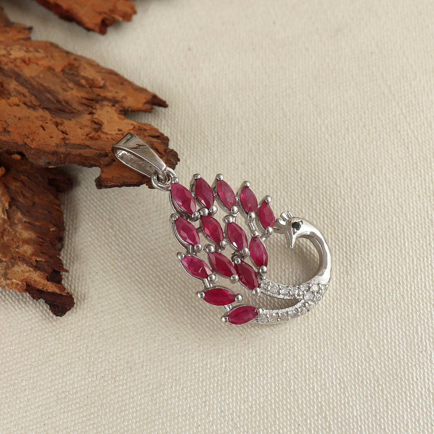 Natural Ruby Peacock Pendant-925 Sterling Silver Pendant-Diamond Bird Pendant-Chain Pendant-July Birthstone Pendant-Wedding Gift for Her