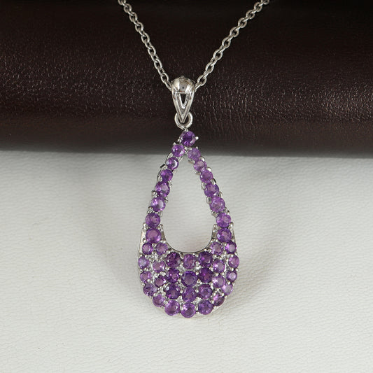 Natural Amethyst Pendant Necklace-925 Sterling Silver-Pear Shape Pendant-February Birthstone Necklace-Round Gemstone Pendant-Gift for Her
