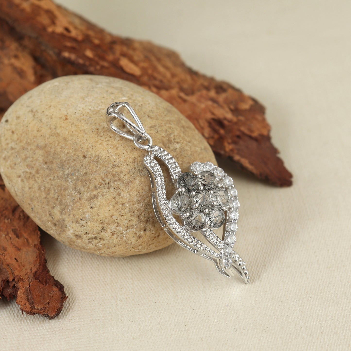 Natural Black Rutile Pendant-925 Sterling Silver Pendant-Rutile Cluster Pendant-4mm Round Black Rutile Pendant-Black Rutile Jewelry for Her