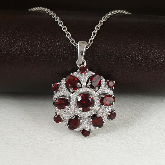 Natural Garnet Pendant-925 Sterling Silver Pendant-Oval & Round Gemstone Pendant-Cluster Pendant-January Birthstone-Anniversary Gift for Her