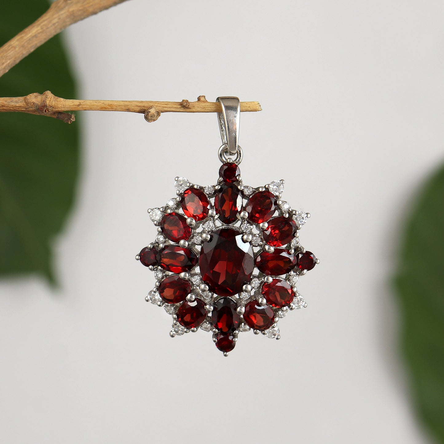 Garnet Pendant-925 Sterling Silver Pendant-Floral Garnet Pendant Necklace-January Birthstone-Silver Chain Pendant-Christmas Gift for Her