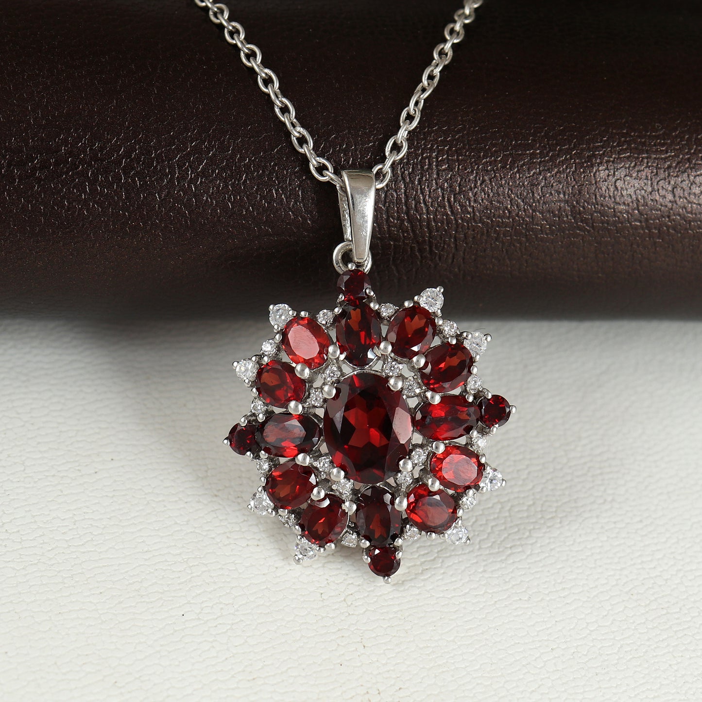 Garnet Pendant-925 Sterling Silver Pendant-Floral Garnet Pendant Necklace-January Birthstone-Silver Chain Pendant-Christmas Gift for Her