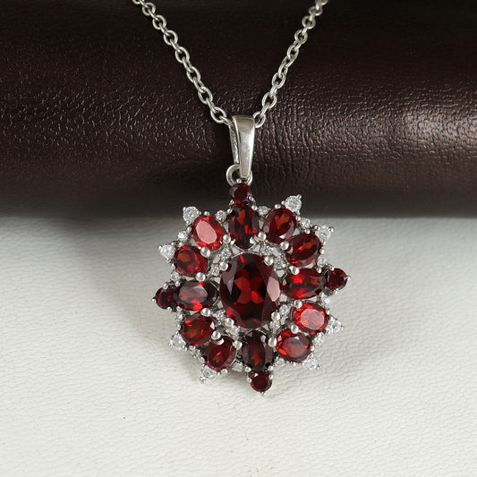 Garnet Pendant-925 Sterling Silver Pendant-Floral Garnet Pendant Necklace-January Birthstone-Silver Chain Pendant-Christmas Gift for Her