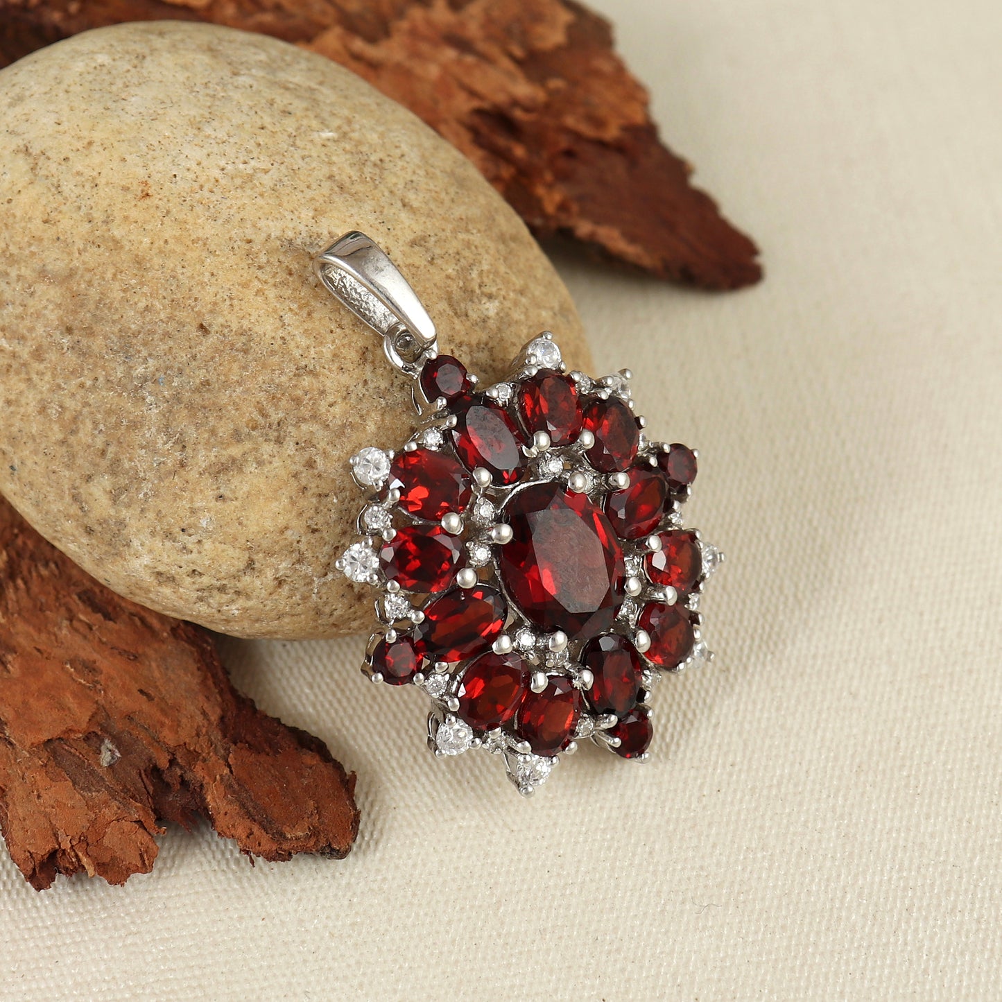 Garnet Pendant-925 Sterling Silver Pendant-Floral Garnet Pendant Necklace-January Birthstone-Silver Chain Pendant-Christmas Gift for Her