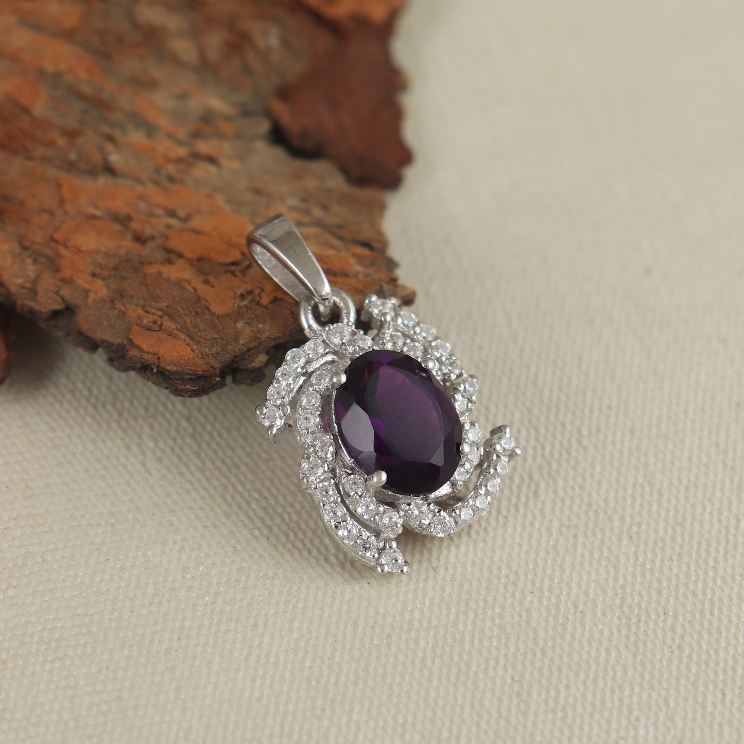 African Amethyst Oval Cut Gemstone Pendant-925 Sterling Silver Pendant-Amethyst Cluster Pendant-February Birthstone Pendant-Christmas Gift