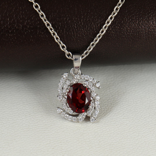 Garnet Oval Gemstone Cluster Pendant-925 Sterling Silver Pendant-January Birthstone Pendant-Chain Pendant for Christmas Gift-Women Jewelry
