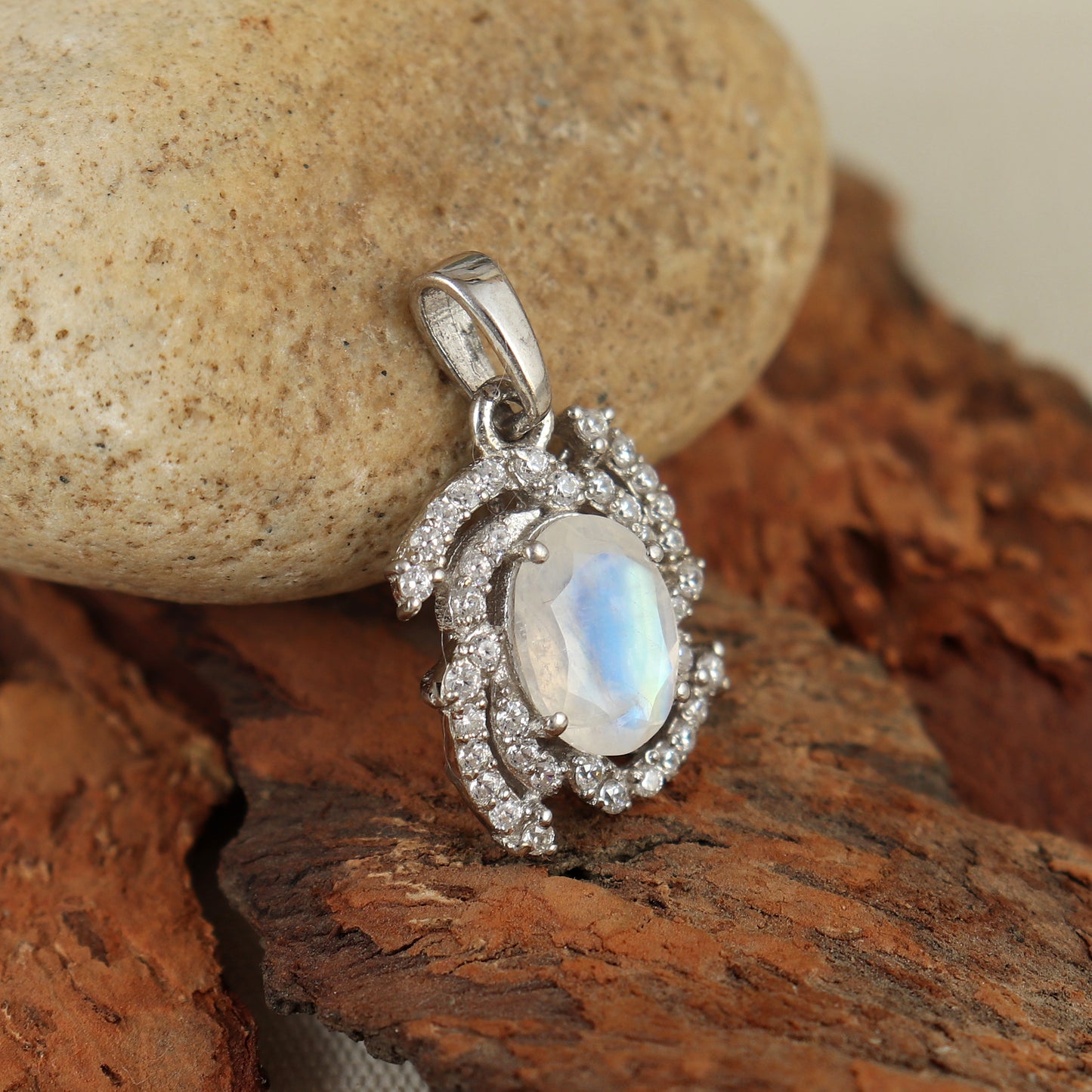 Natural Rainbow Moonstone Pendant-925 Sterling Silver Chain Pendant-Multi Fire Gemstone Pendant-Moonstone Cluster Pendant-Christmas Gift Her