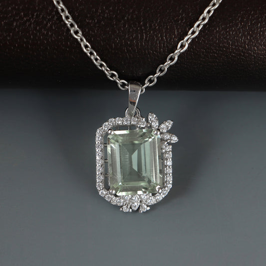 Green Amethyst Octagon Cut Gemstone Pendant-925 Sterling Silver Chain Pendant-February Birthstone-Wedding Gift-Anniversary Gift for her