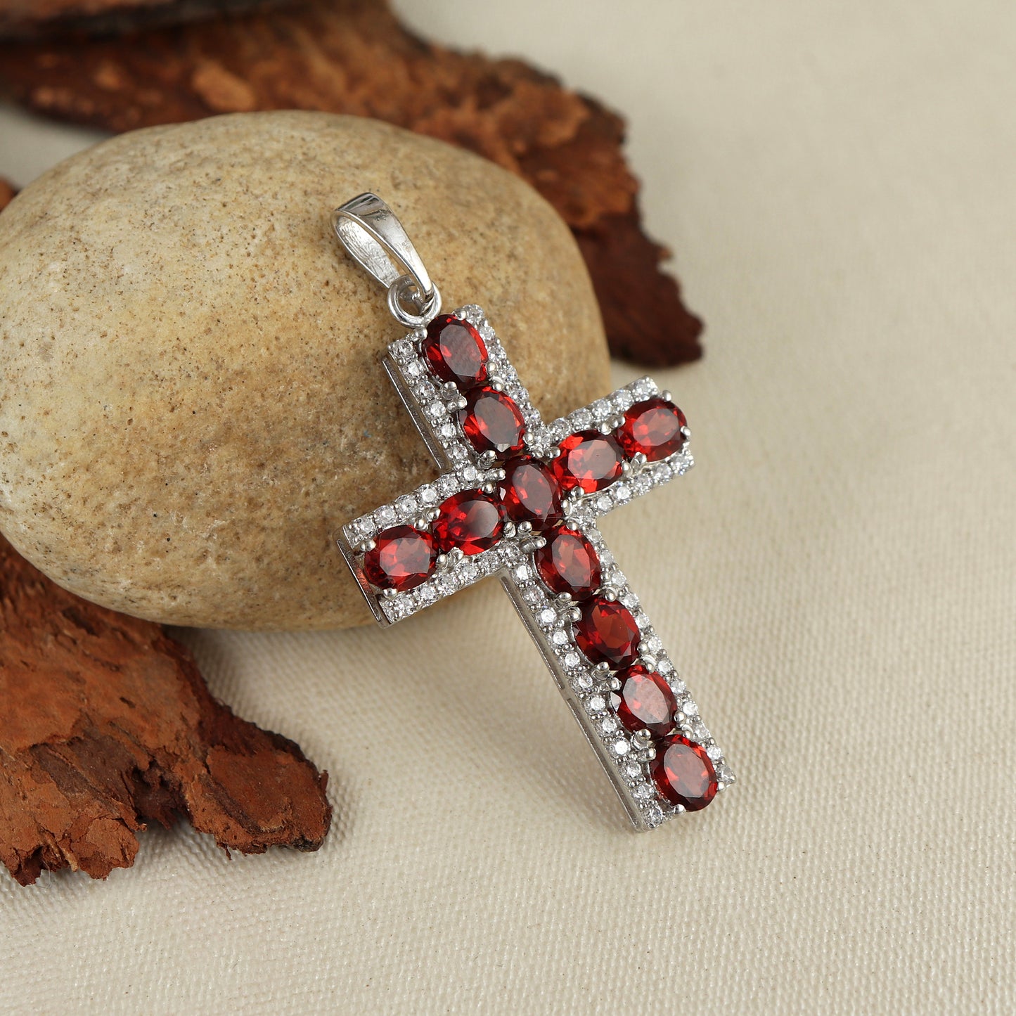Natural Garnet Cross Pendant-925 Sterling Silver Criss Cross-Oval Garnet Gemstone Pendant-Garnet Holy Cross Pendant-Christmas Gift for Her