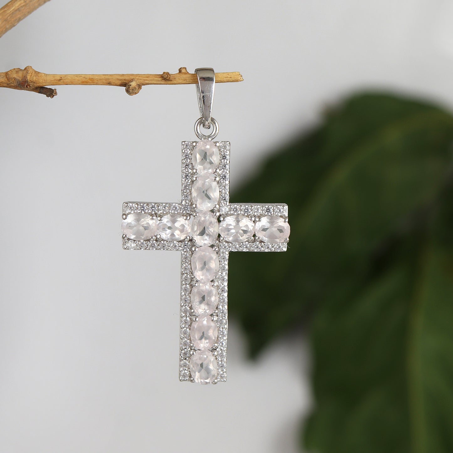 Rose Quartz Cross Pendant-925 Sterling Silver Holy Cross Pendant-Charm Pendant-Cluster Pendant-January Birthstone Pendant-Gift for Her