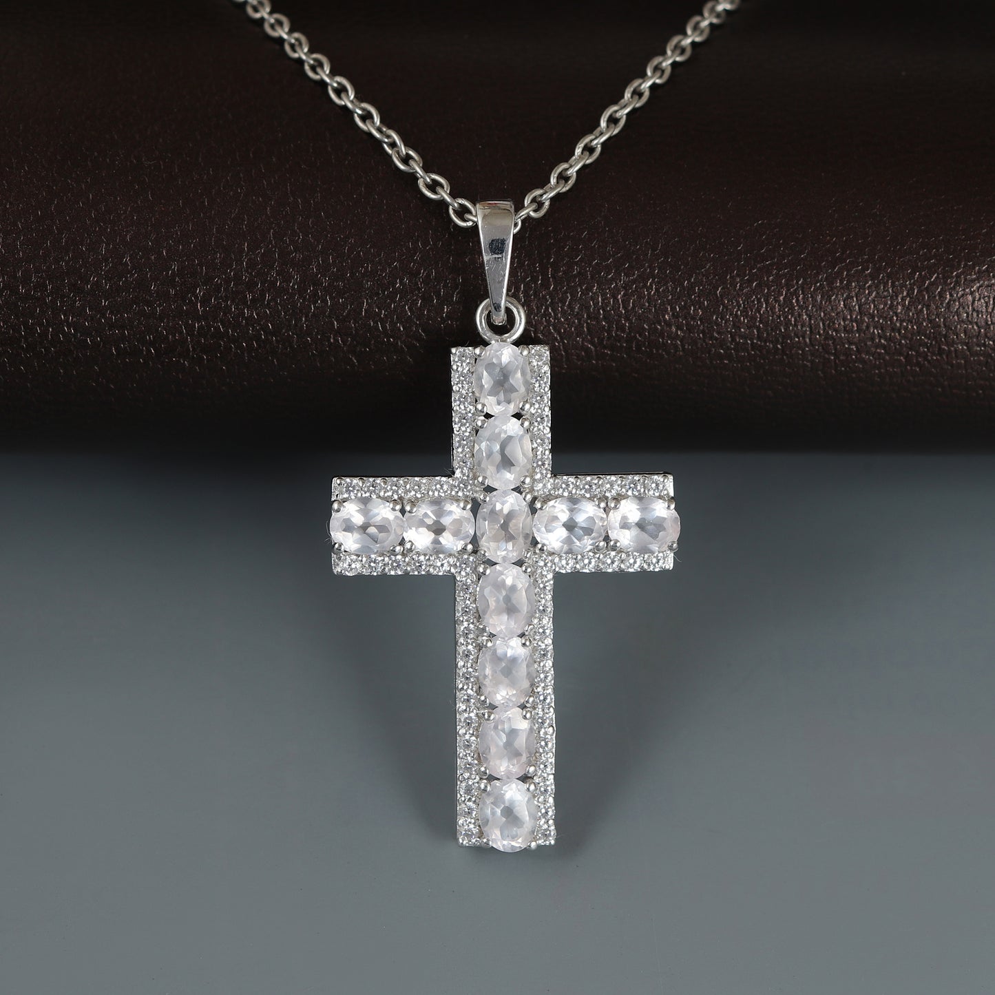 Rose Quartz Cross Pendant-925 Sterling Silver Holy Cross Pendant-Charm Pendant-Cluster Pendant-January Birthstone Pendant-Gift for Her