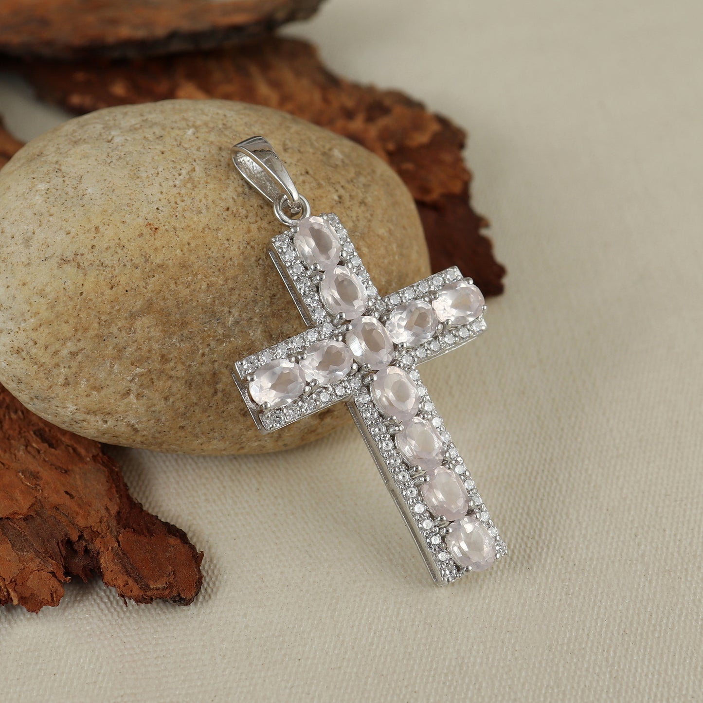 Rose Quartz Cross Pendant-925 Sterling Silver Holy Cross Pendant-Charm Pendant-Cluster Pendant-January Birthstone Pendant-Gift for Her