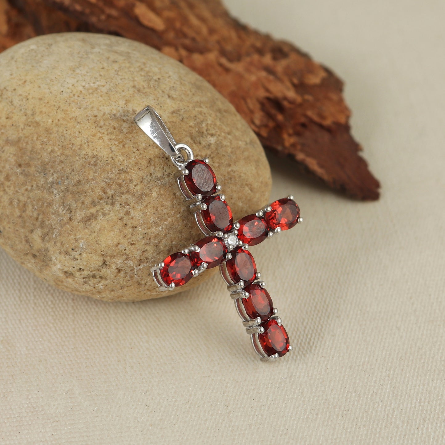 Natural Garnet Cross Pendant-925 Sterling Silver Criss Cross-Oval Garnet Gemstone Pendant- Garnet Holy Cross Pendant-Christmas Gift for Her