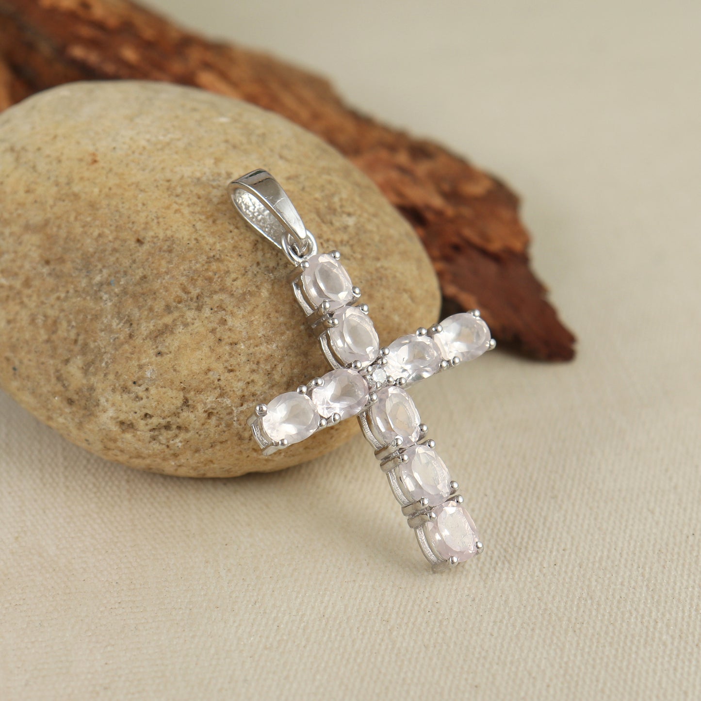 Rose Quartz Cross Pendant-925 Sterling Silver-Holy Cross Pendant-Charm Pendant-Rose Quartz Jewelry-January Birthstone Pendant-Gift for Her