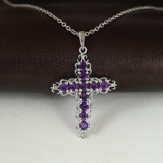 Natural Amethyst Cross Pendant-925 Sterling Silver Criss Cross-Amethyst Gemstone Pendant-Amethyst Holy Cross Pendant-Christmas Gift for Her