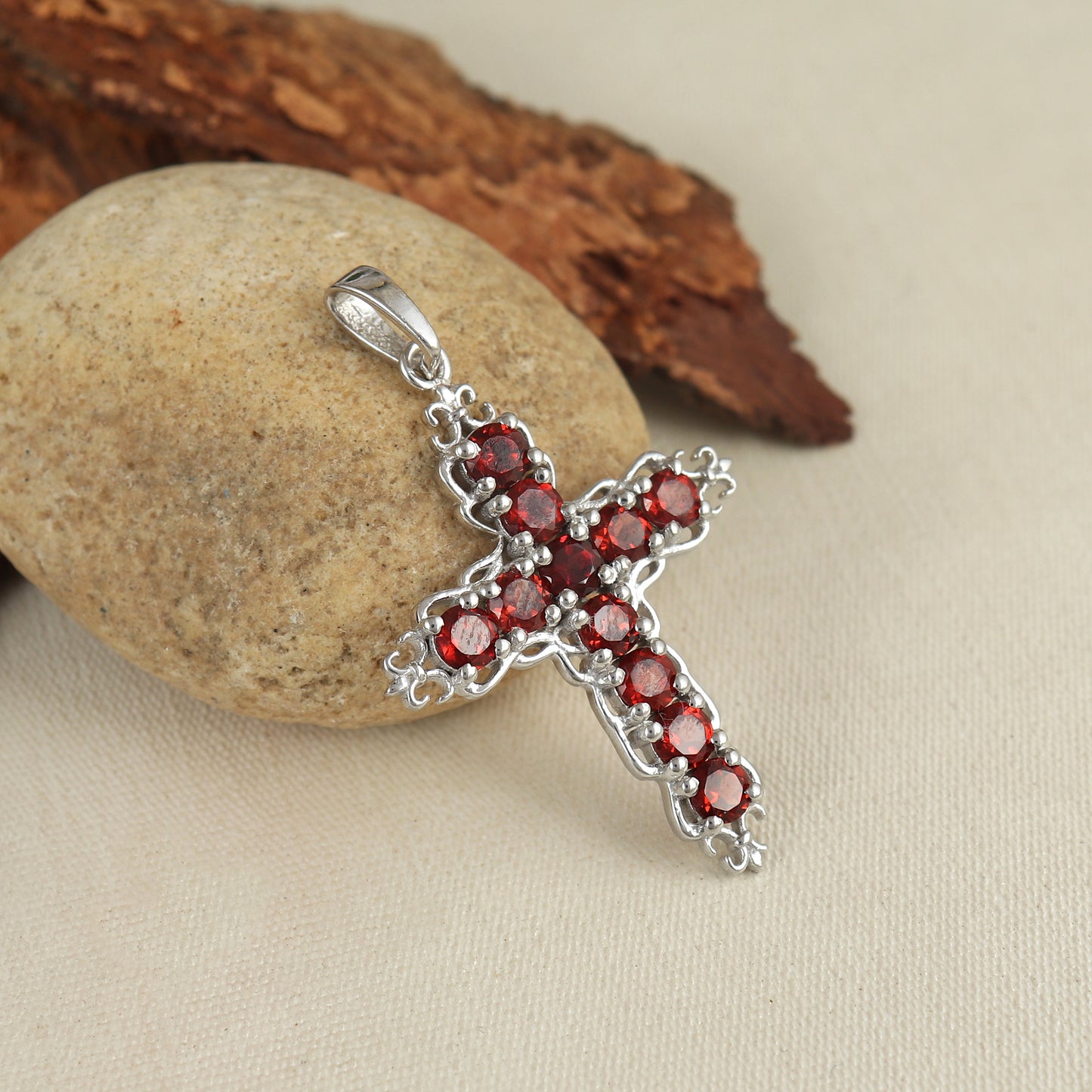 Natural Garnet Cross Pendant-925 Sterling Silver Criss Cross-Round Garnet Gemstone Pendant-Garnet Holy Cross Pendant-Christmas Gift for Her