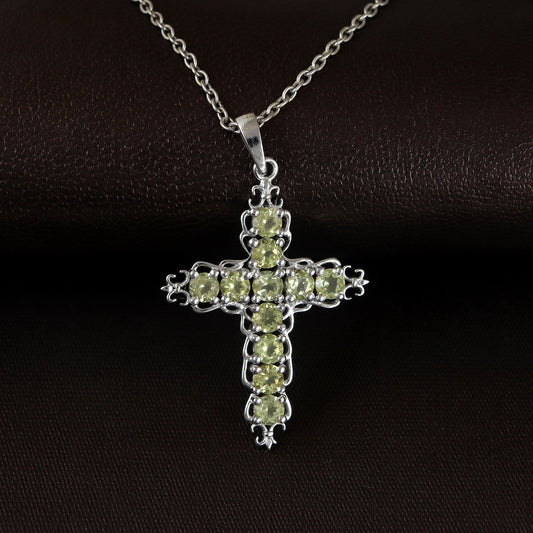 Natural Lemon Topaz Cross Pendant-925 Sterling Silver Cross-Round Gemstone Pendant-Lemon Topaz Holy Cross Pendant-Christmas Gift for Her