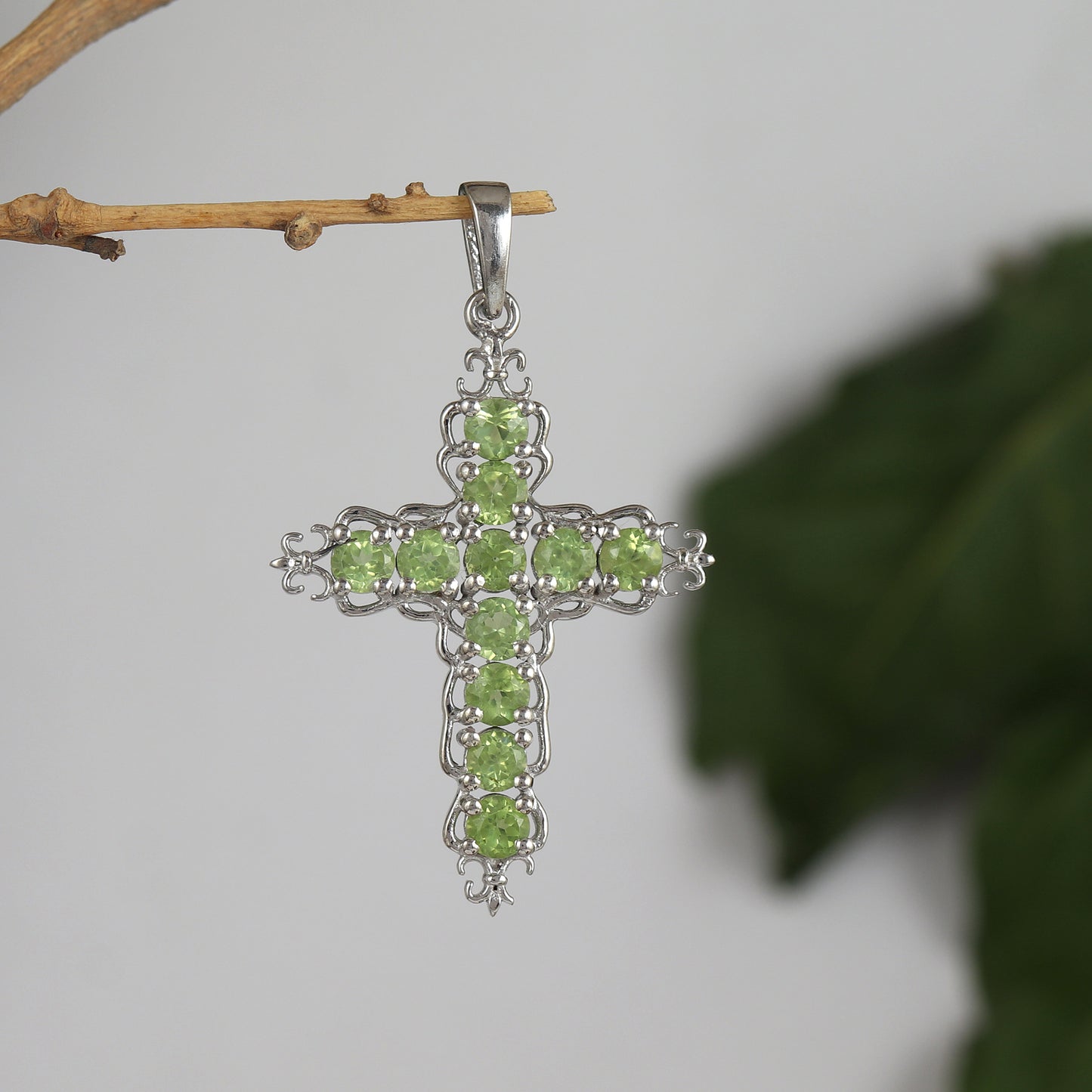 Natural Peridot Cross Pendant-925 Sterling Silver Cross-Round Peridot Gemstone Pendant-Peridot Holy Cross Pendant-Christmas Gift for Her