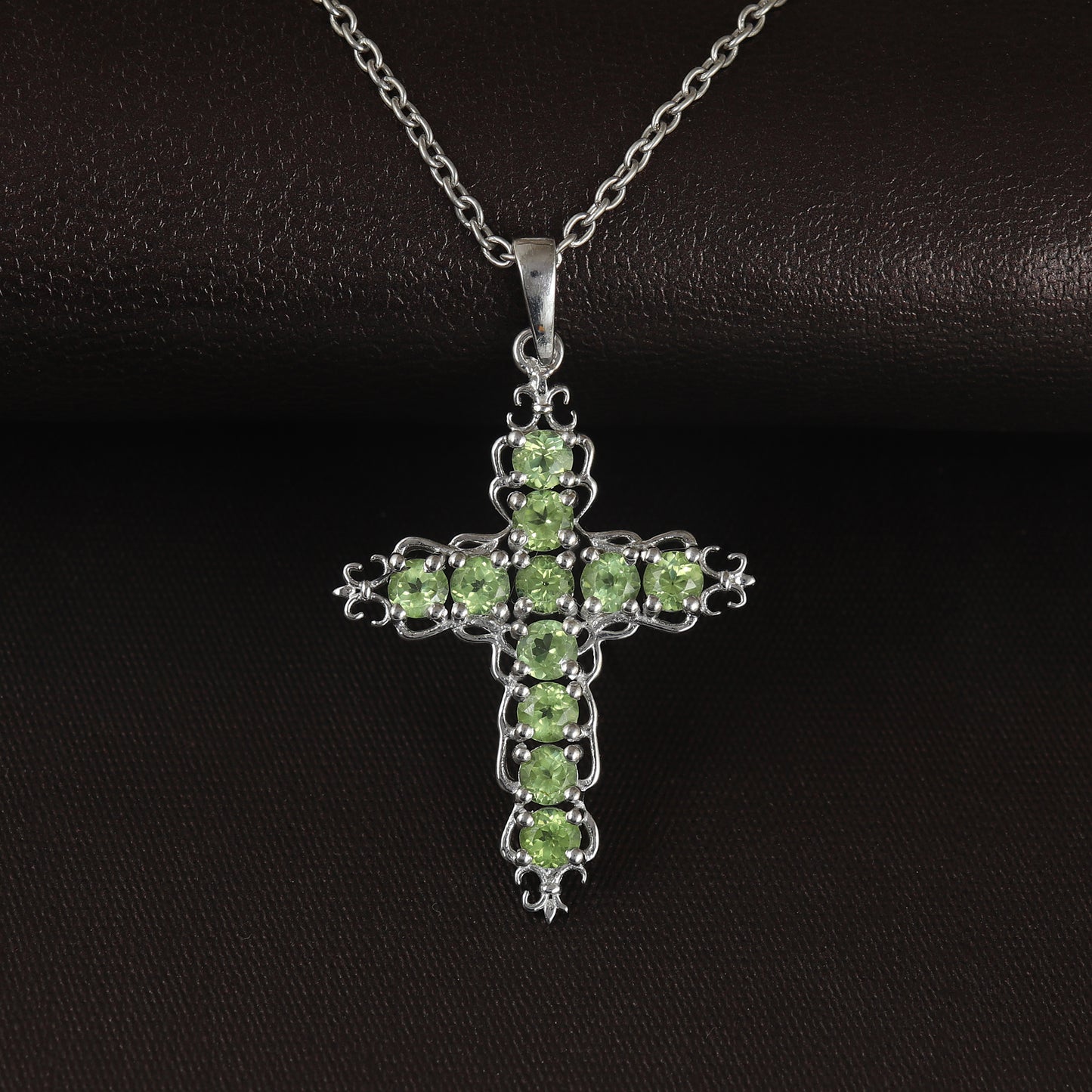 Natural Peridot Cross Pendant-925 Sterling Silver Cross-Round Peridot Gemstone Pendant-Peridot Holy Cross Pendant-Christmas Gift for Her