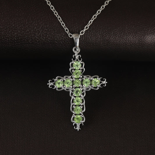 Natural Peridot Cross Pendant-925 Sterling Silver Cross-Round Peridot Gemstone Pendant-Peridot Holy Cross Pendant-Christmas Gift for Her