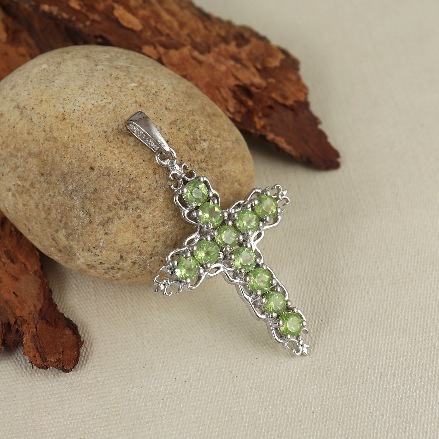 Natural Peridot Cross Pendant-925 Sterling Silver Cross-Round Peridot Gemstone Pendant-Peridot Holy Cross Pendant-Christmas Gift for Her