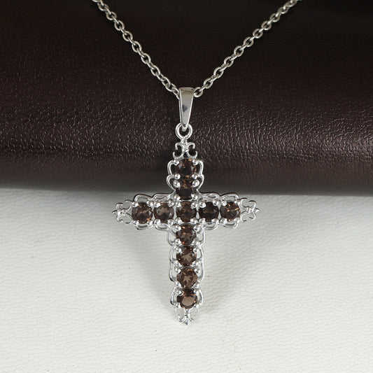 Natural Smoky Quartz Cross Pendant-925 Sterling Silver Necklace-June Birthstone-Holy Cross Pendant-Smoky Quartz Jewelry-Gift for Her