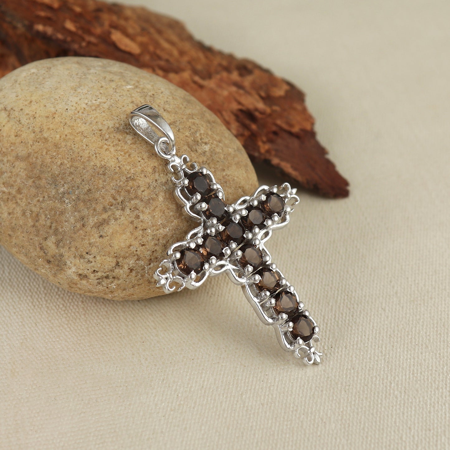 Natural Smoky Quartz Cross Pendant-925 Sterling Silver Necklace-June Birthstone-Holy Cross Pendant-Smoky Quartz Jewelry-Gift for Her