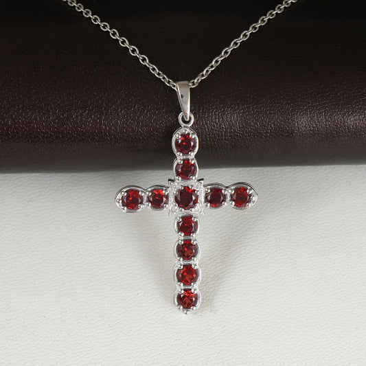 Natural Garnet Cross Pendant-925 Sterling Silver Pendant-Garnet Criss Cross Pendant-January Birthstone-Garnet Holy Cross Pendant for Her